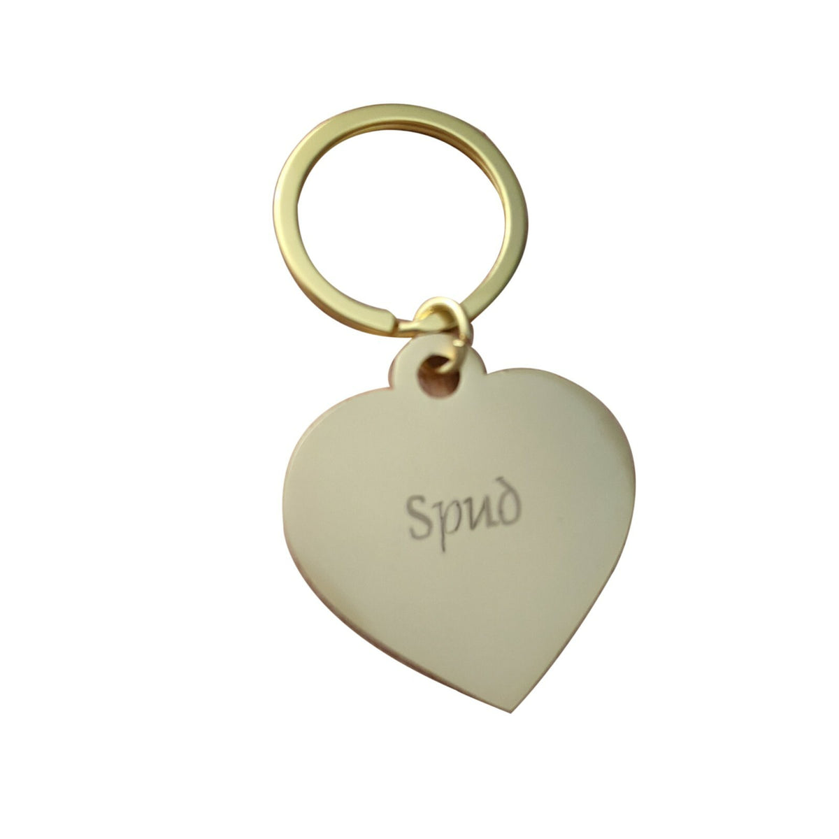 Gold heart shaped dog tag keyring engraved with a dog breed face – view 3