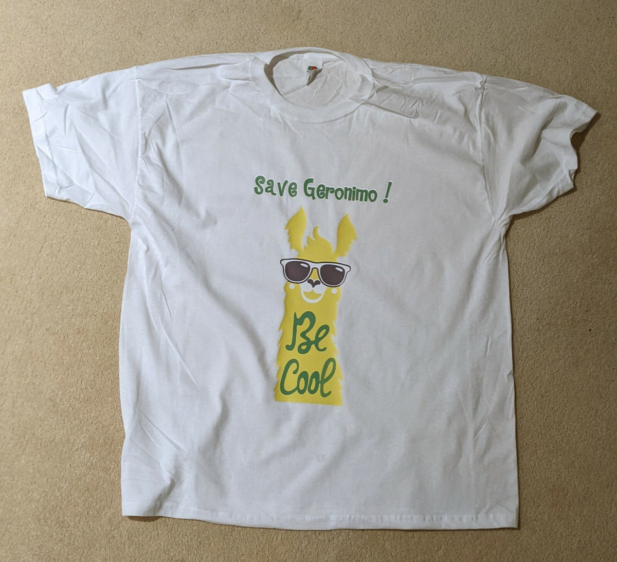 White cotton T-shirt printed with Save Geronimo the alpaca