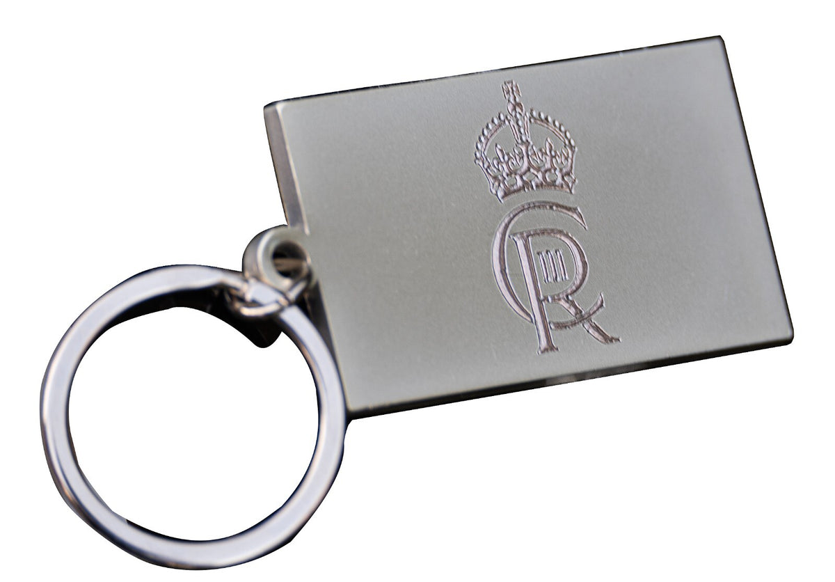 King Charles III royal cypher engraved on a silver plated keyring
