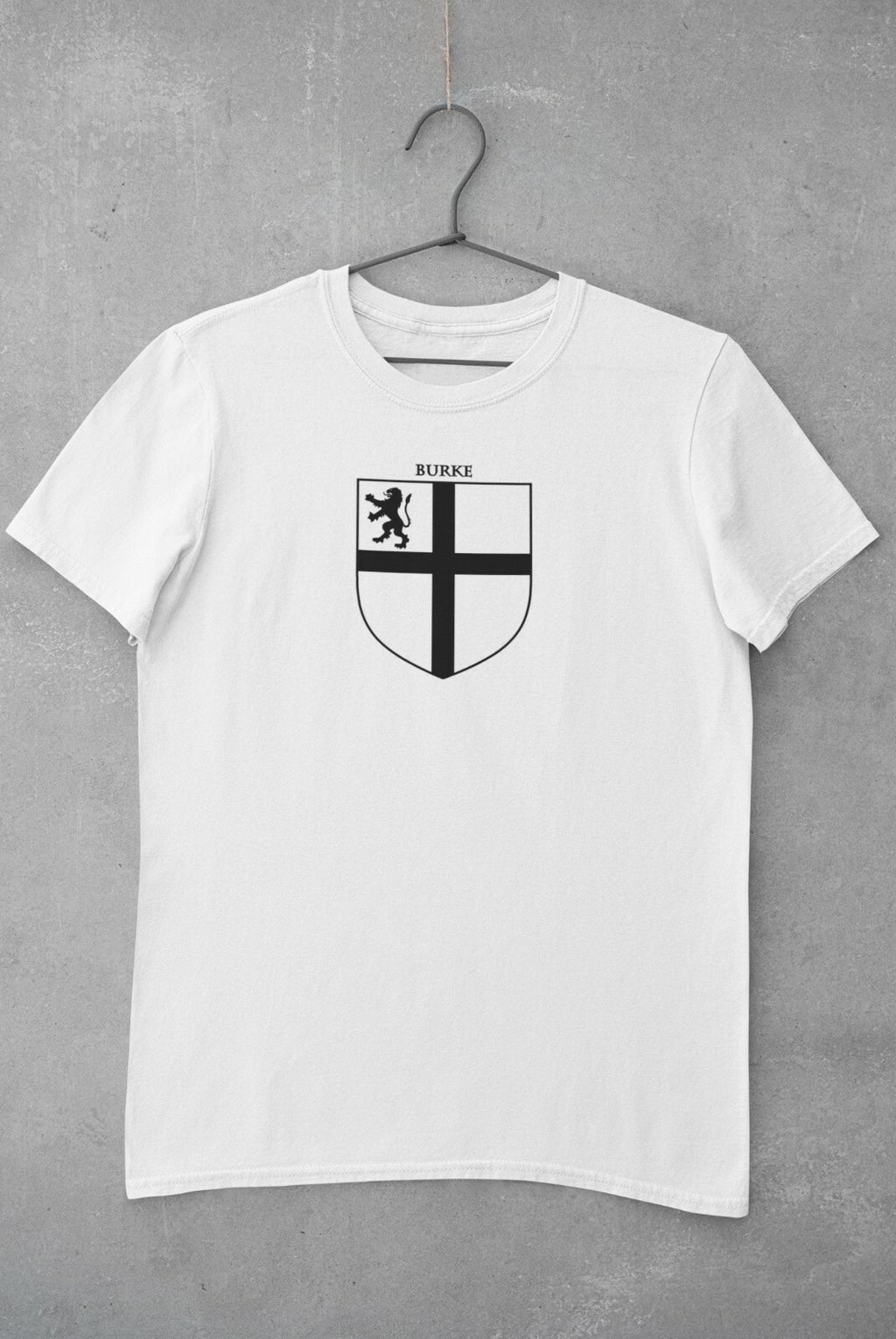 Burke family crest printed on a white cotton T-shirt