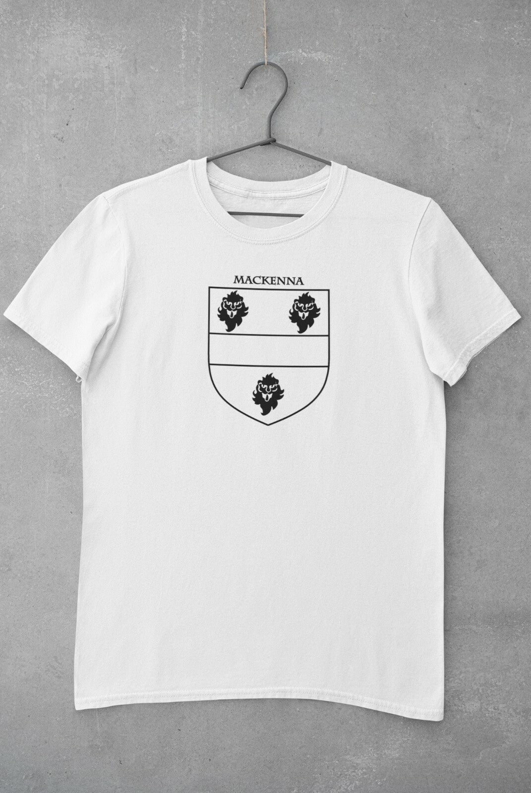 MacKenna family crest printed on a white cotton T-shirt – view 2