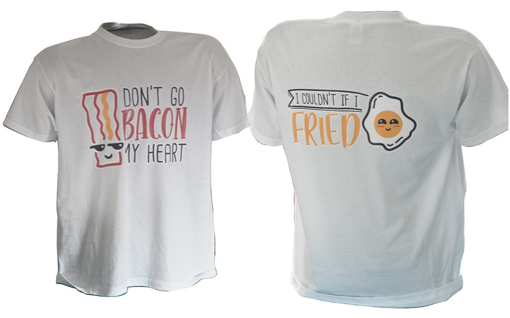 White T-shirt printed with Don't Go Bacon My Heart and a rasher of bacon in sunglasses