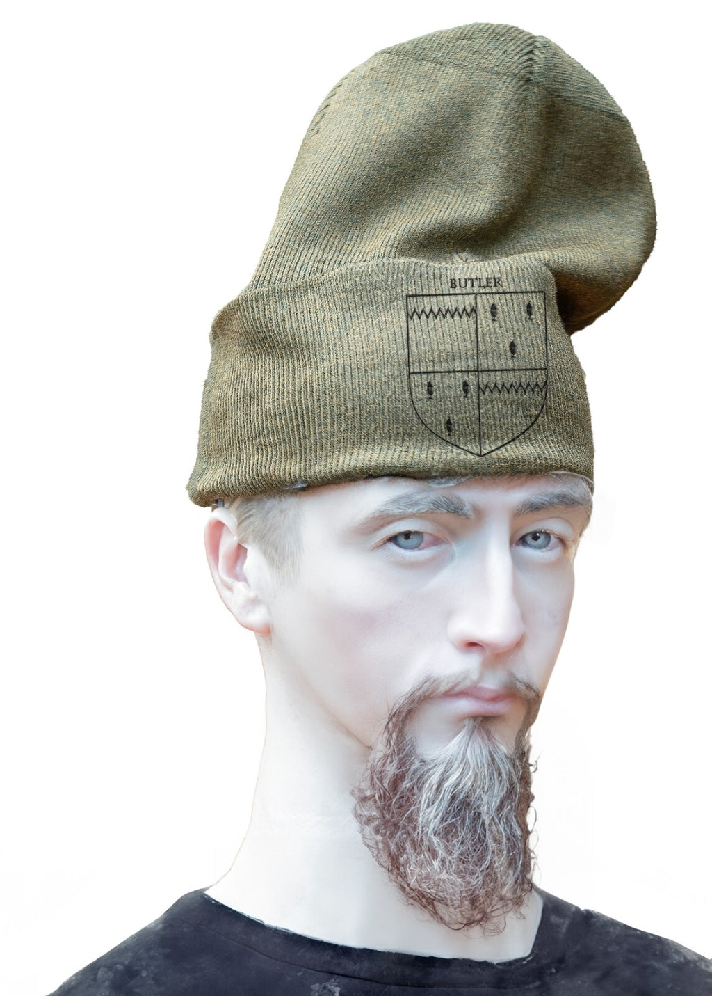 Olive green beanie hat printed with an Irish family crest – view 4