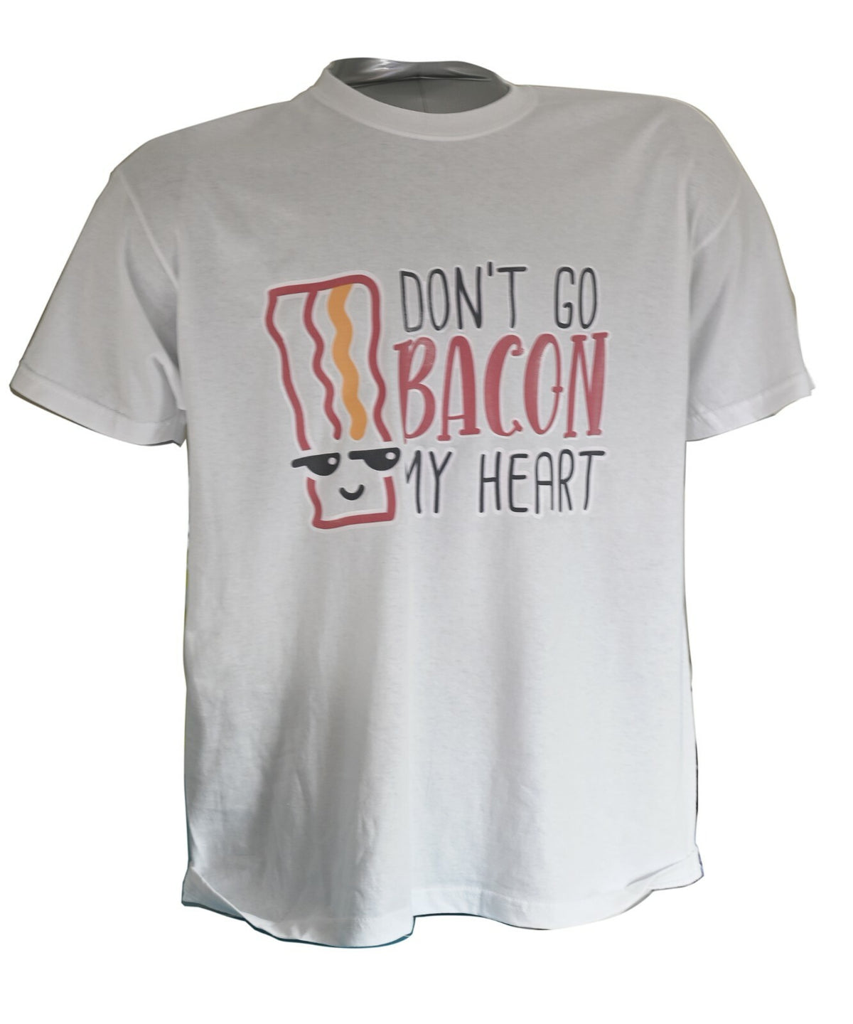 White T-shirt printed with Don't Go Bacon My Heart and a rasher of bacon in sunglasses – view 2