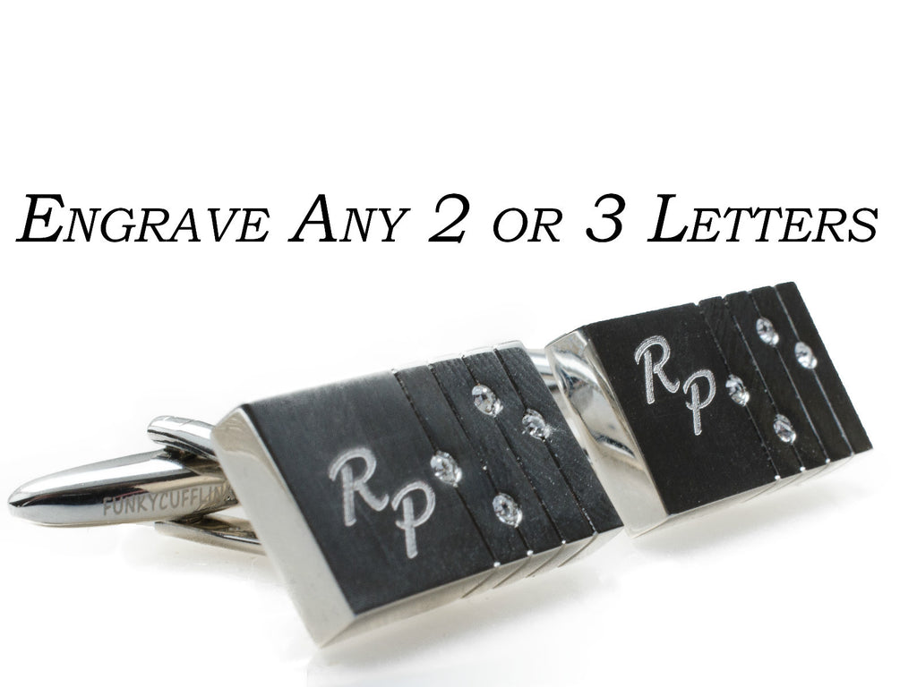 Stainless steel cufflinks with four crystals and a brushed panel for engraving – view 5