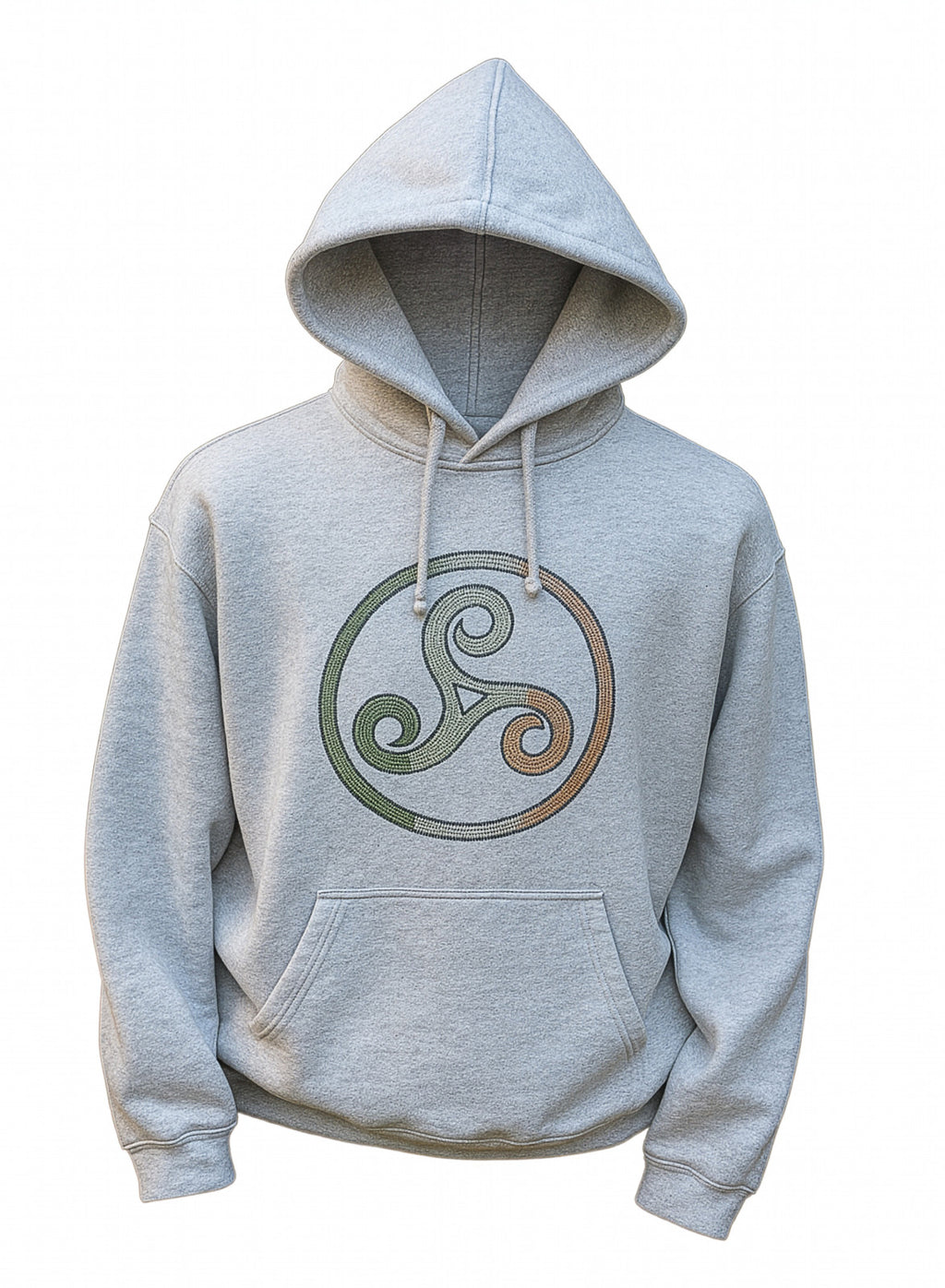 Ash grey hoodie with a Celtic spiral in green white and gold rhinestones