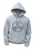 Ash grey hoodie with a Celtic spiral in green white and gold rhinestones