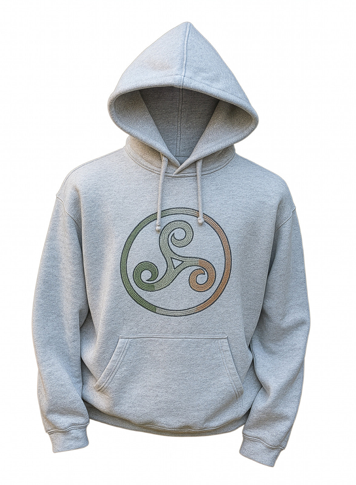 Ash grey hoodie with a Celtic spiral in green white and gold rhinestones