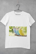 White cotton T-shirt printed with three budgerigars