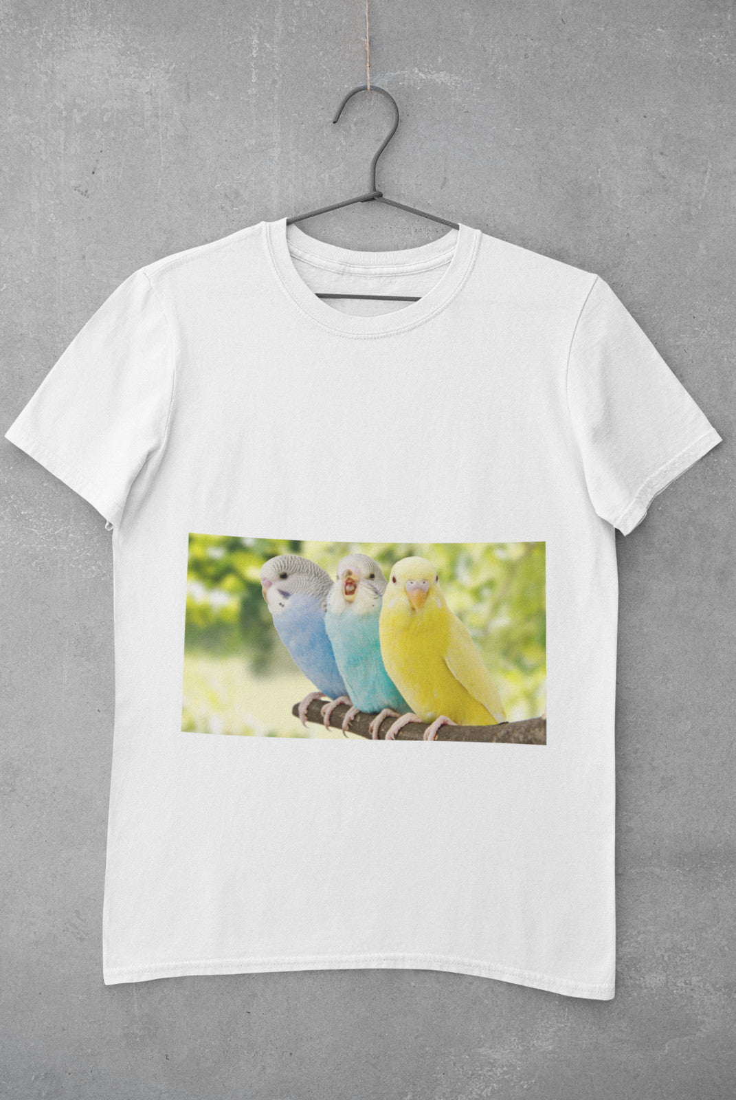White cotton T-shirt printed with three budgerigars