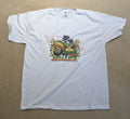 White T-shirt printed with the map of Jamaica, a Rasta man, the flag and palm trees