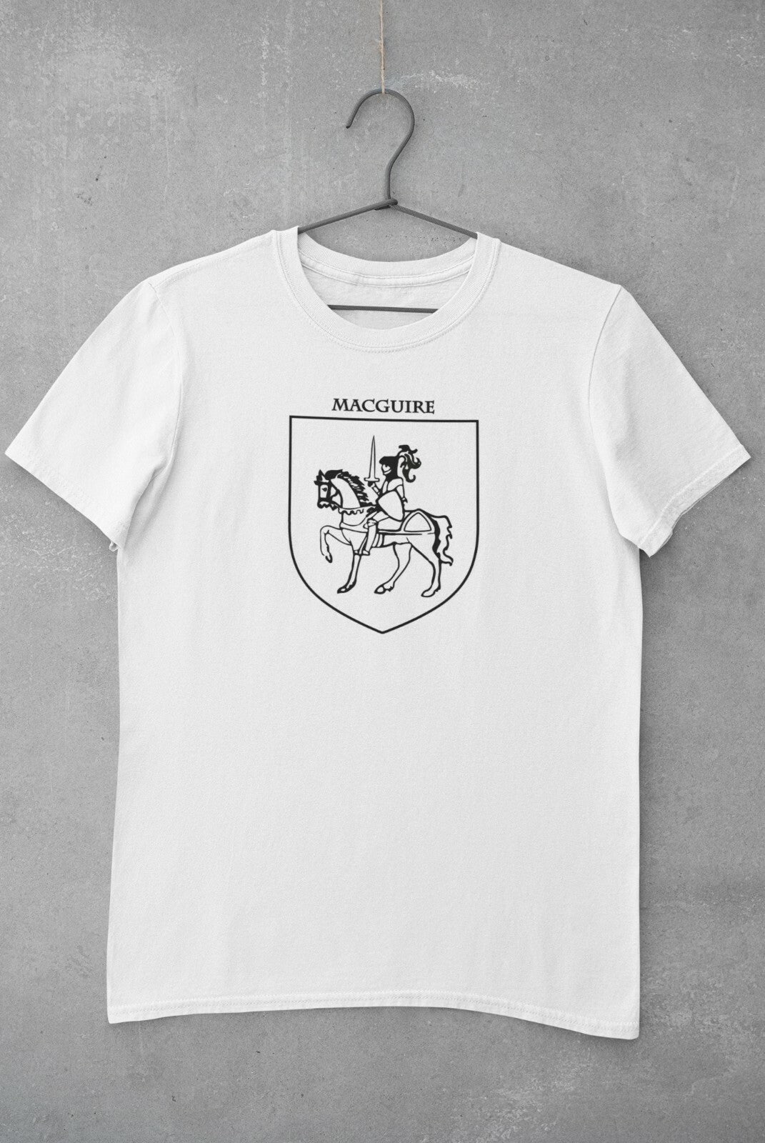 MacGuire family crest printed on a white cotton T-shirt – view 2
