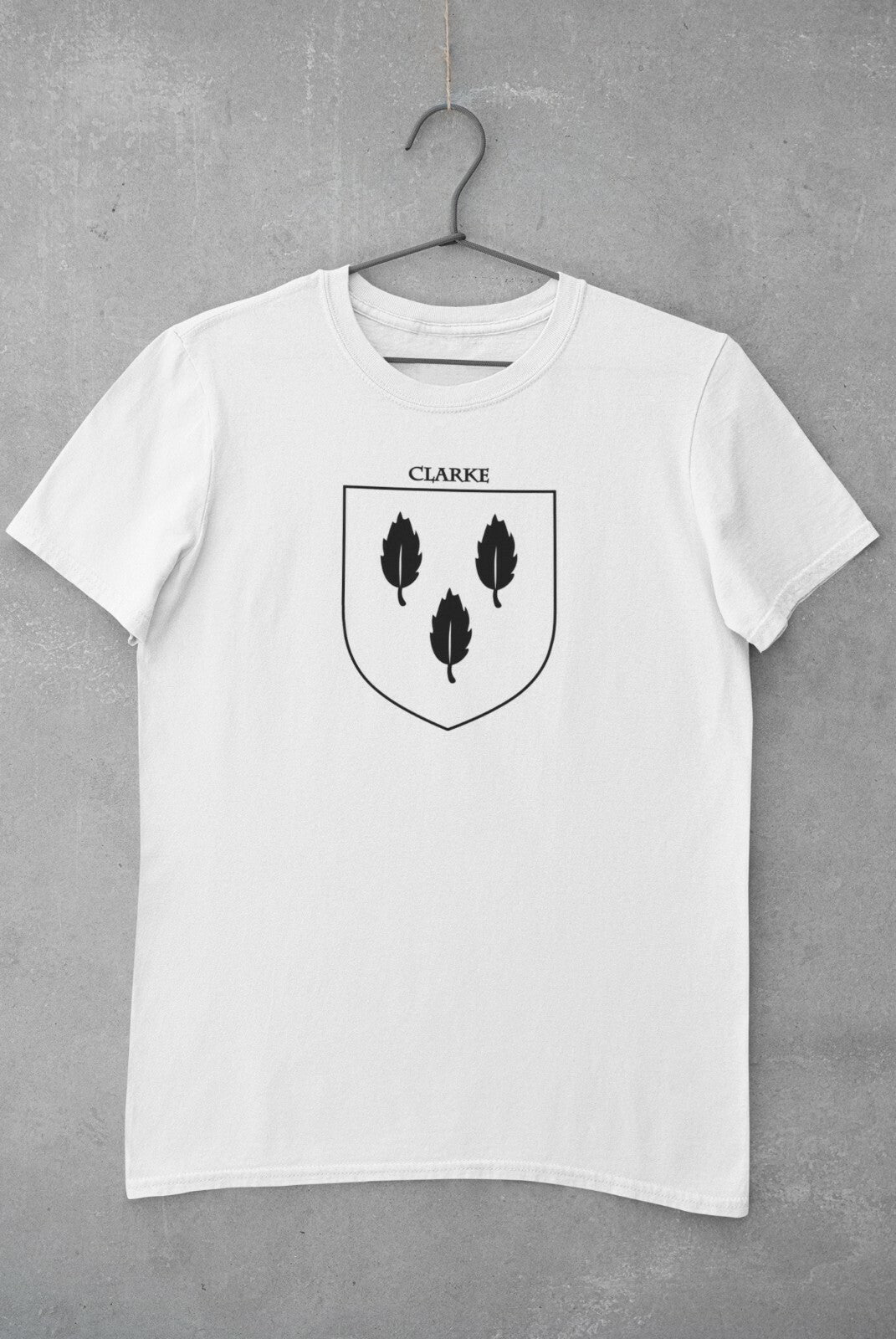 Clarke family crest printed on a white cotton T-shirt