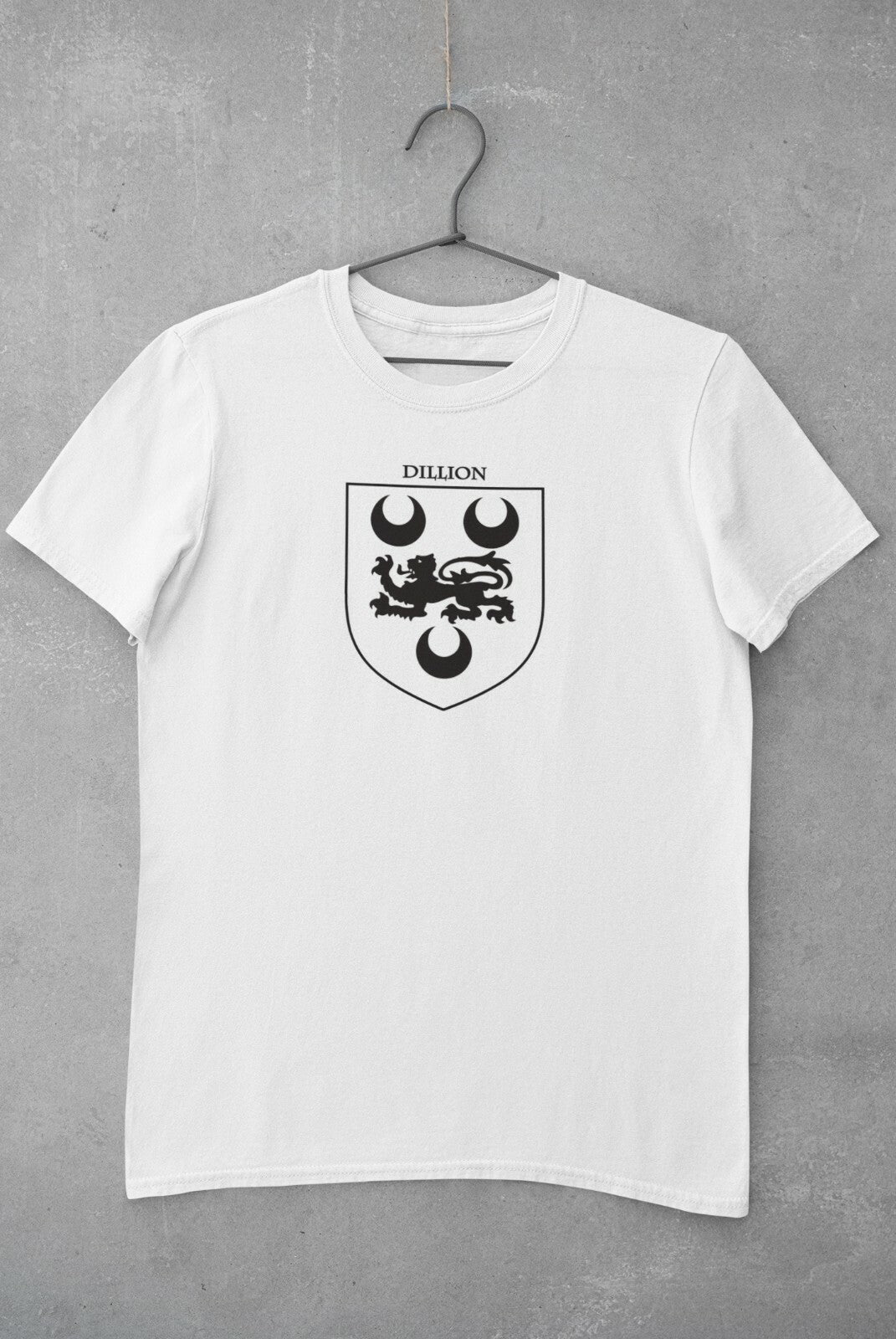 Dillon family crest printed on a white cotton T-shirt