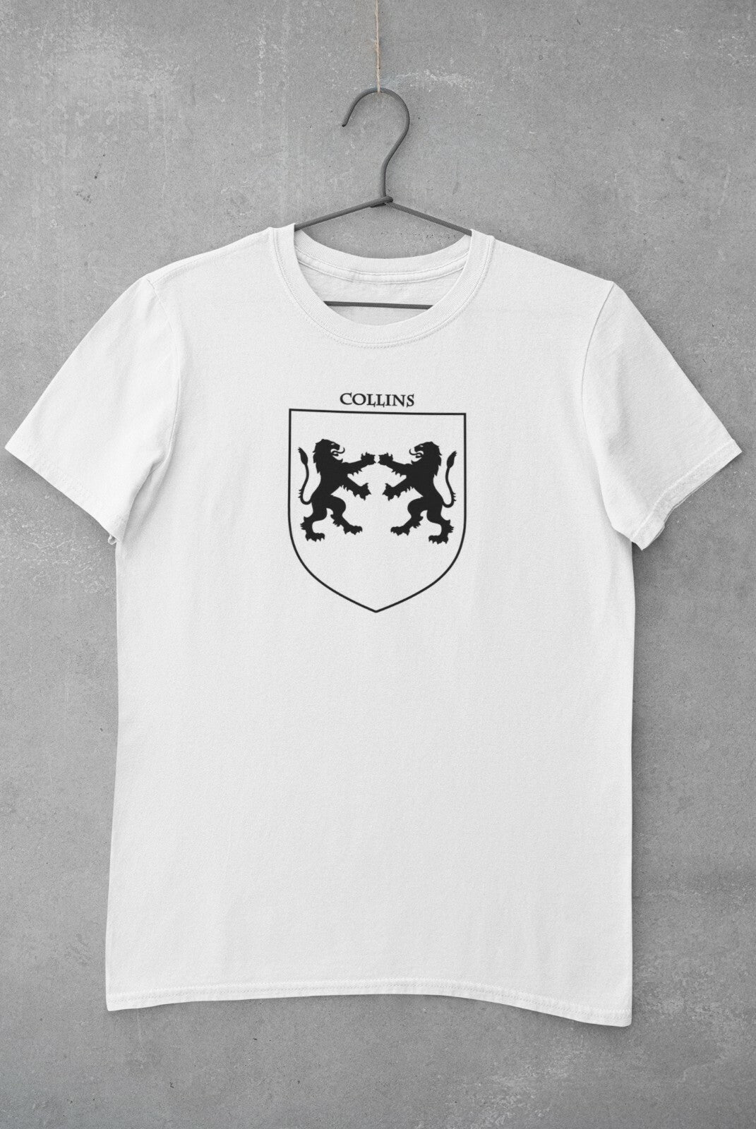 Collins family crest printed on a white cotton T-shirt