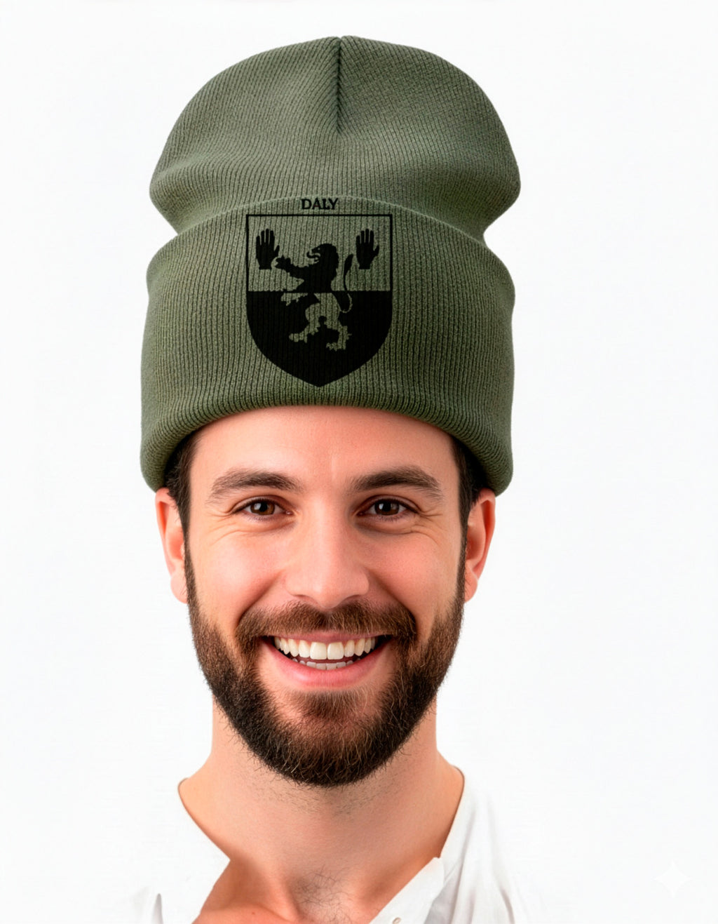 Olive green beanie hat printed with an Irish family crest