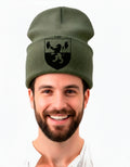 Olive green beanie hat printed with an Irish family crest