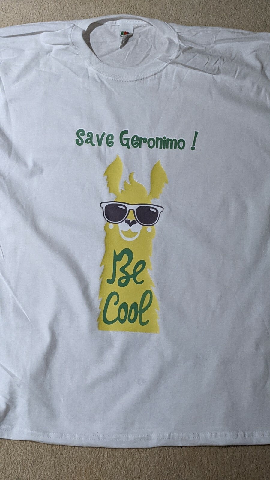 White cotton T-shirt printed with Save Geronimo the alpaca – view 2