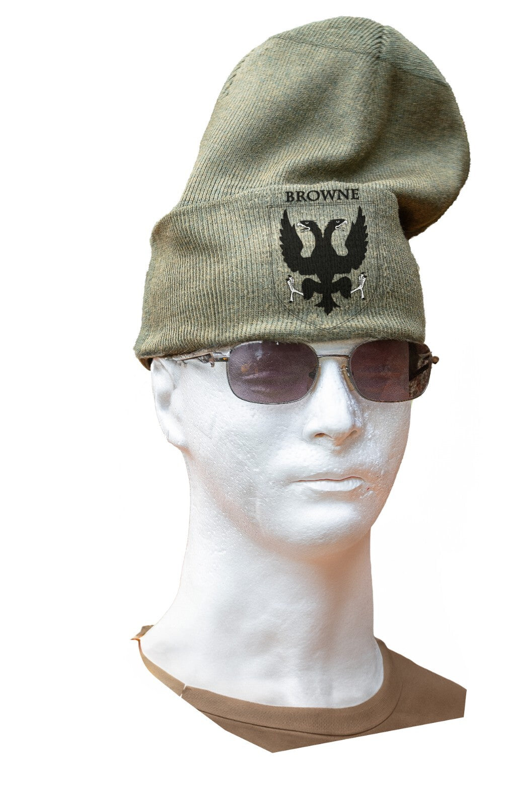Olive green beanie hat printed with an Irish family crest – view 6