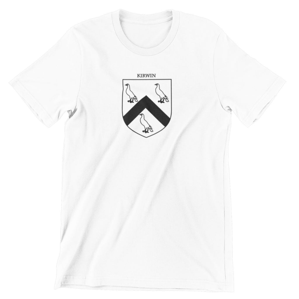 Kirwin family crest printed on a white cotton T-shirt