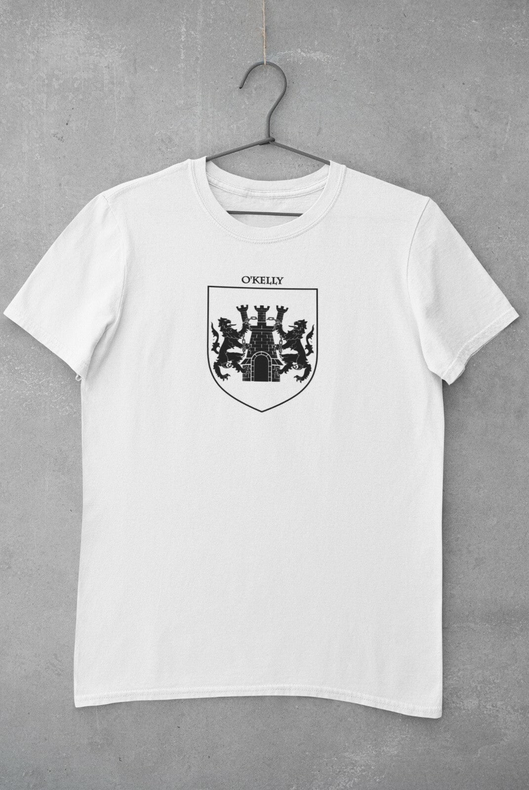 O'Kelly family crest printed on a white cotton T-shirt – view 2