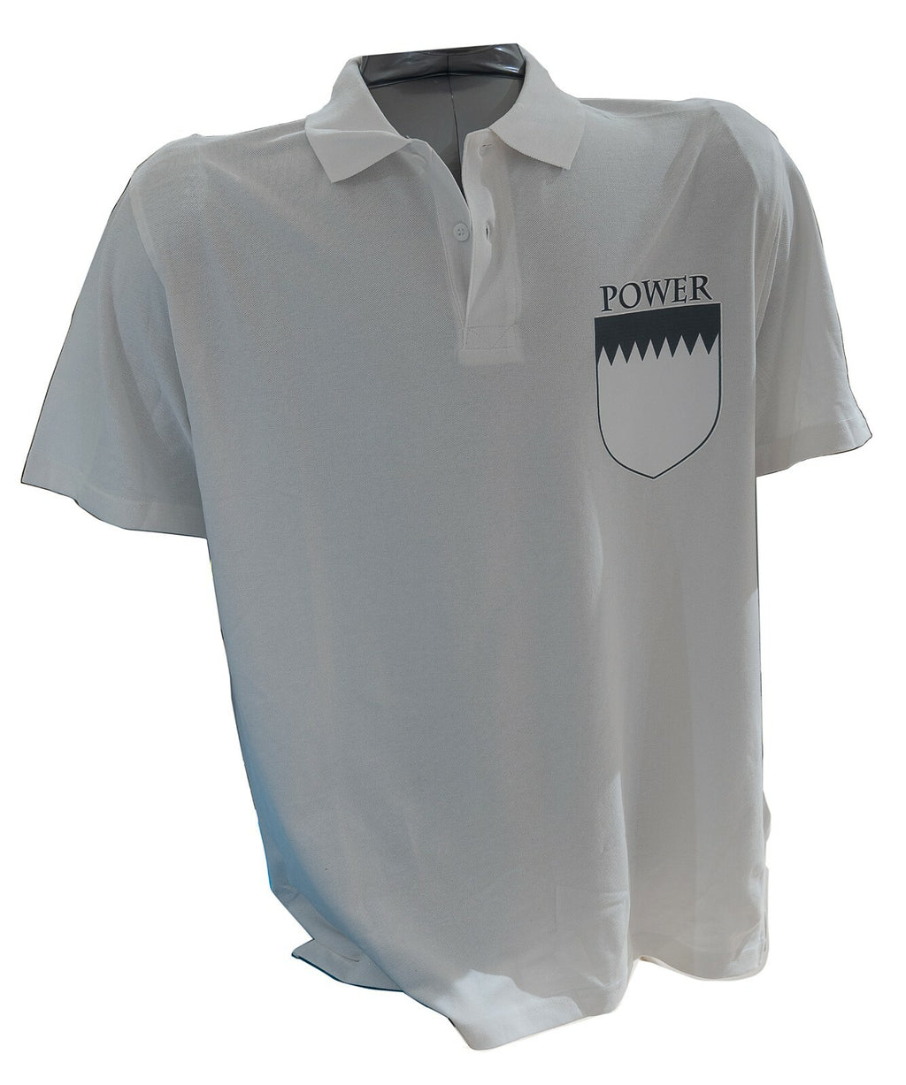 Power family crest printed on a white cotton T-shirt
