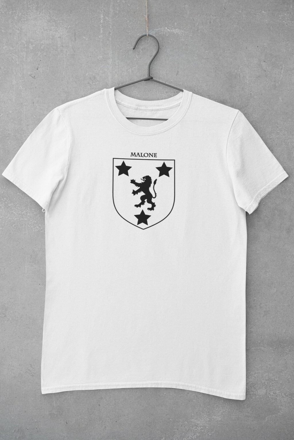 Malone family crest printed on a white cotton T-shirt – view 2