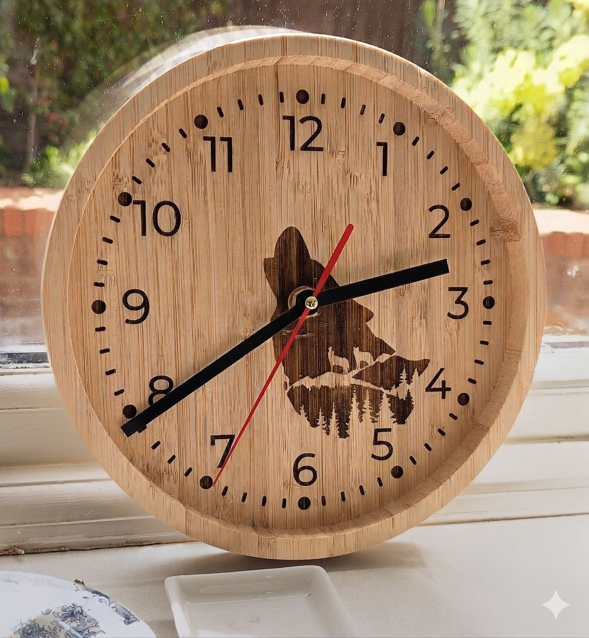 Bamboo wall clock laser engraved with a wolf howling at the moon
