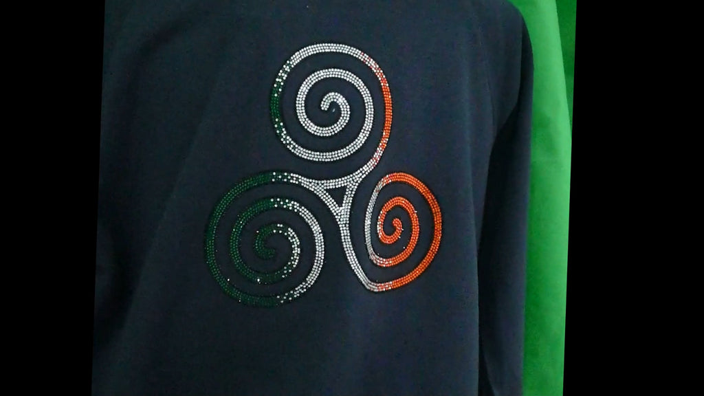 Navy jumper with a sparkling Triskelion Celtic knot in Irish tricolour rhinestones – view 2