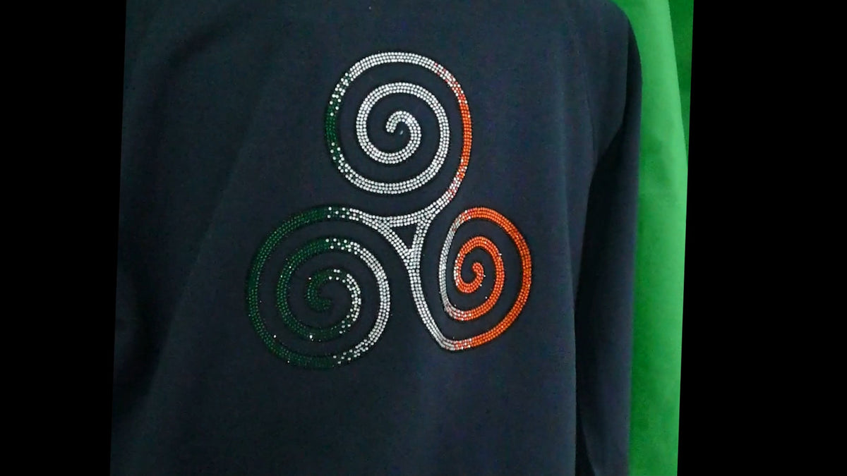 Navy jumper with a sparkling Triskelion Celtic knot in Irish tricolour rhinestones – view 2