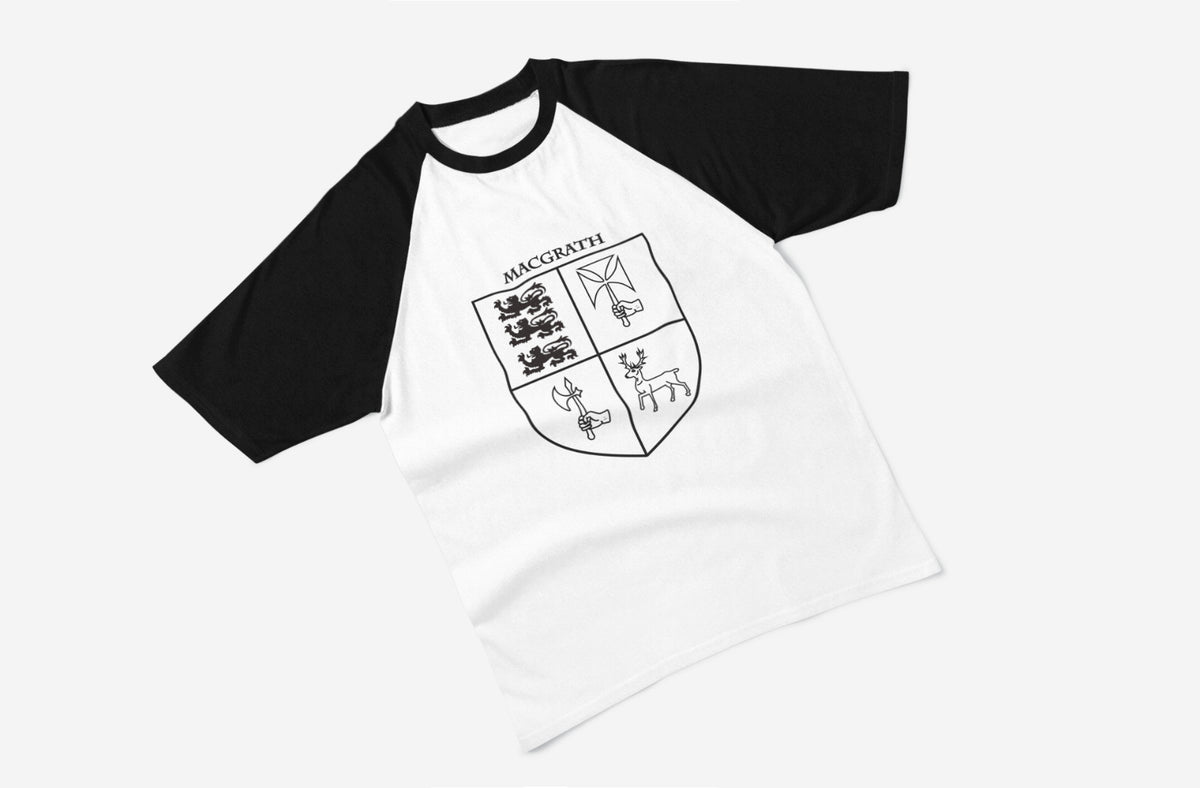MacGrath family crest raglan T-shirt in black and white