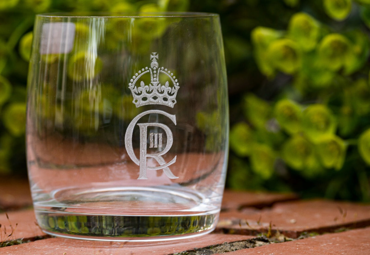King Charles III royal cypher engraved on a Dartington Crystal tumbler