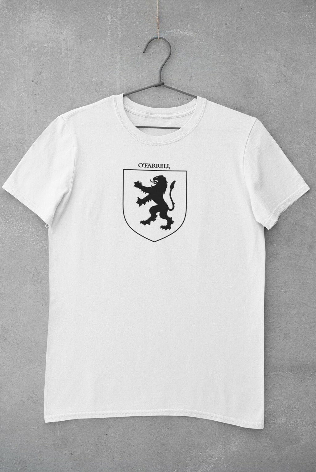 O'Farrell family crest printed on a white cotton T-shirt – view 2