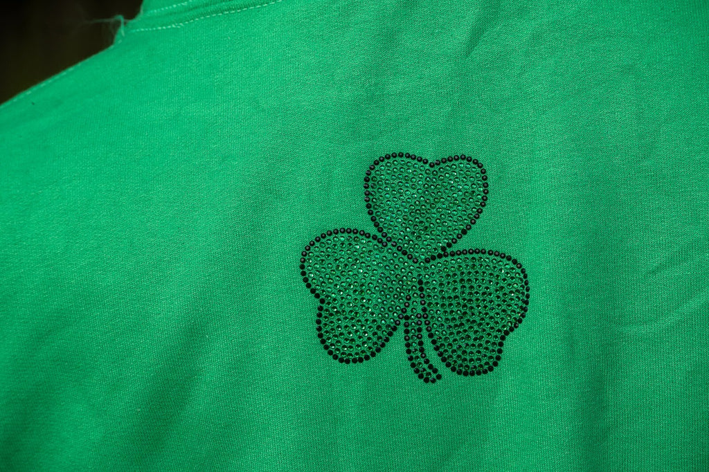 Irish green hoodie with a large sparkling crystal shamrock on the chest – view 2
