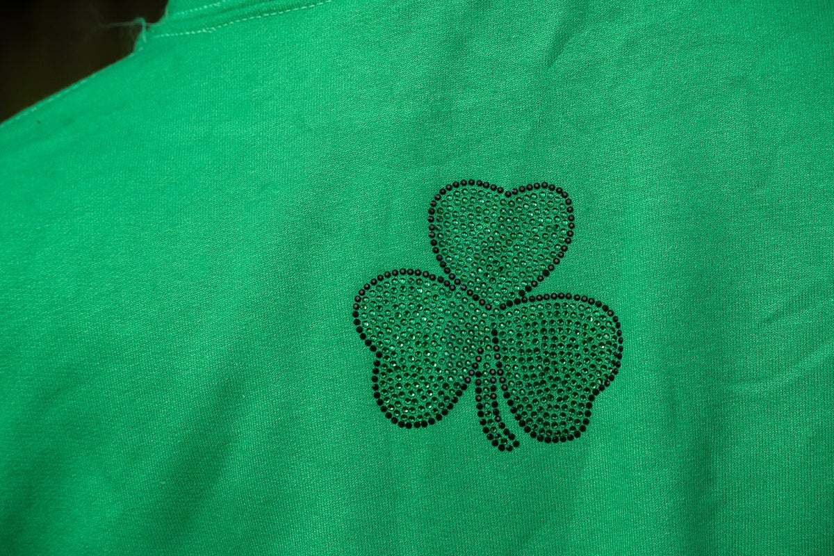 Irish green hoodie with a large sparkling crystal shamrock on the chest – view 2