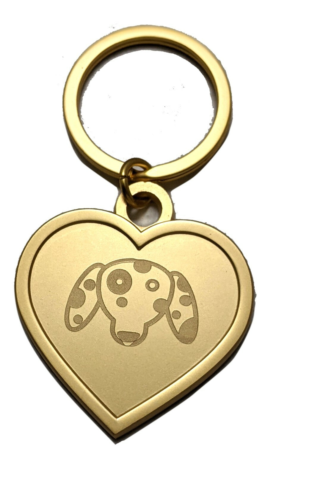 Gold heart shaped dog tag keyring engraved with a dog breed face – view 4