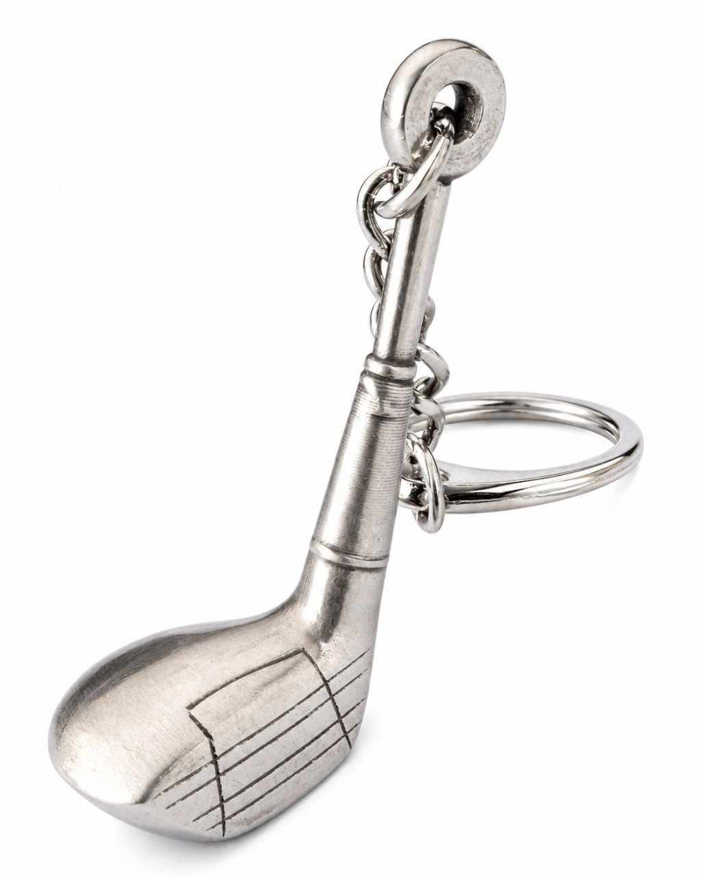 Solid metal golf driver keyring in brushed silver