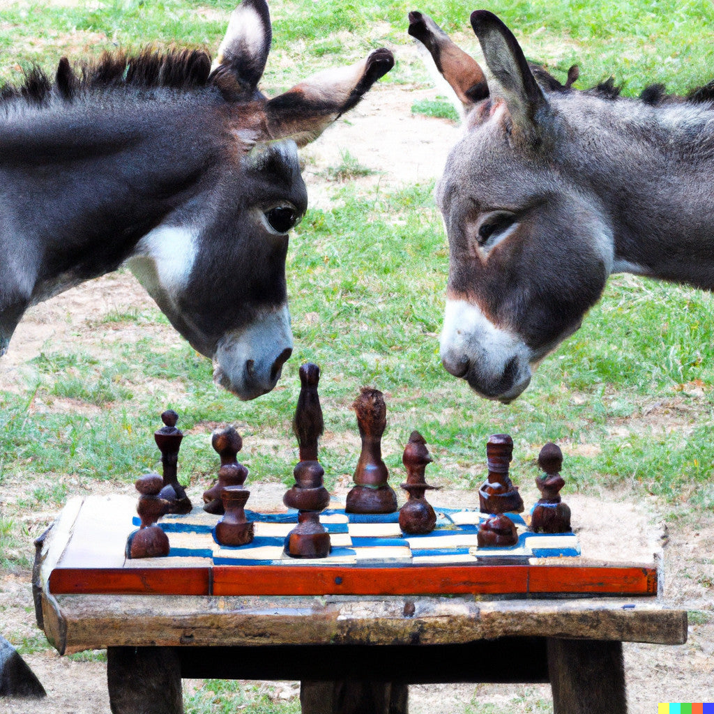 White raglan T-shirt with black sleeves printed with two donkeys playing chess – view 3