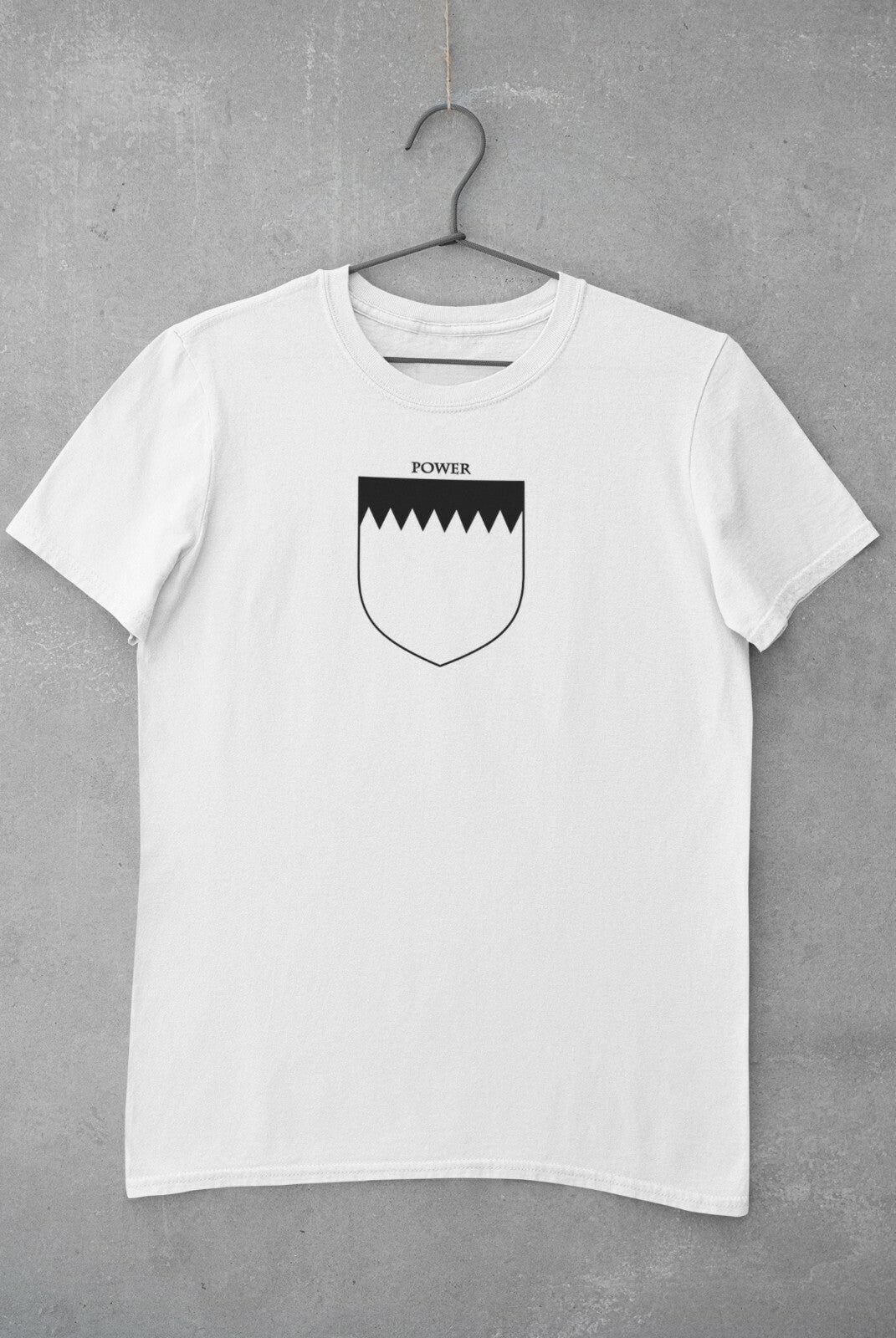 Power family crest printed on a white cotton T-shirt – view 2