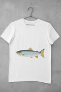 White cotton T-shirt printed with a leaping salmon graphic