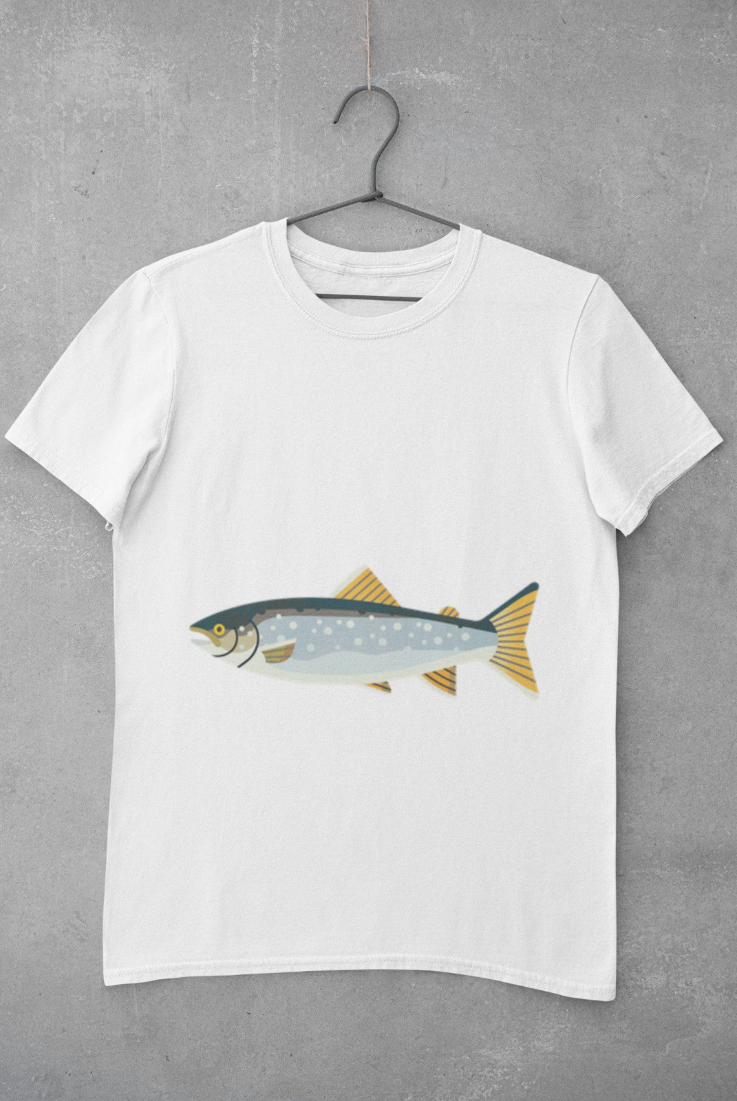 White cotton T-shirt printed with a leaping salmon graphic