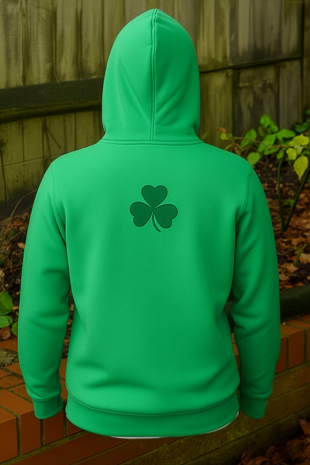 Irish green hoodie with a large sparkling crystal shamrock on the chest – view 3