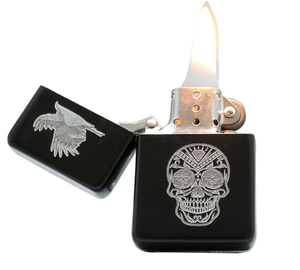 Black flip-top lighter engraved with Day of the Dead sugar skull designs – view 4