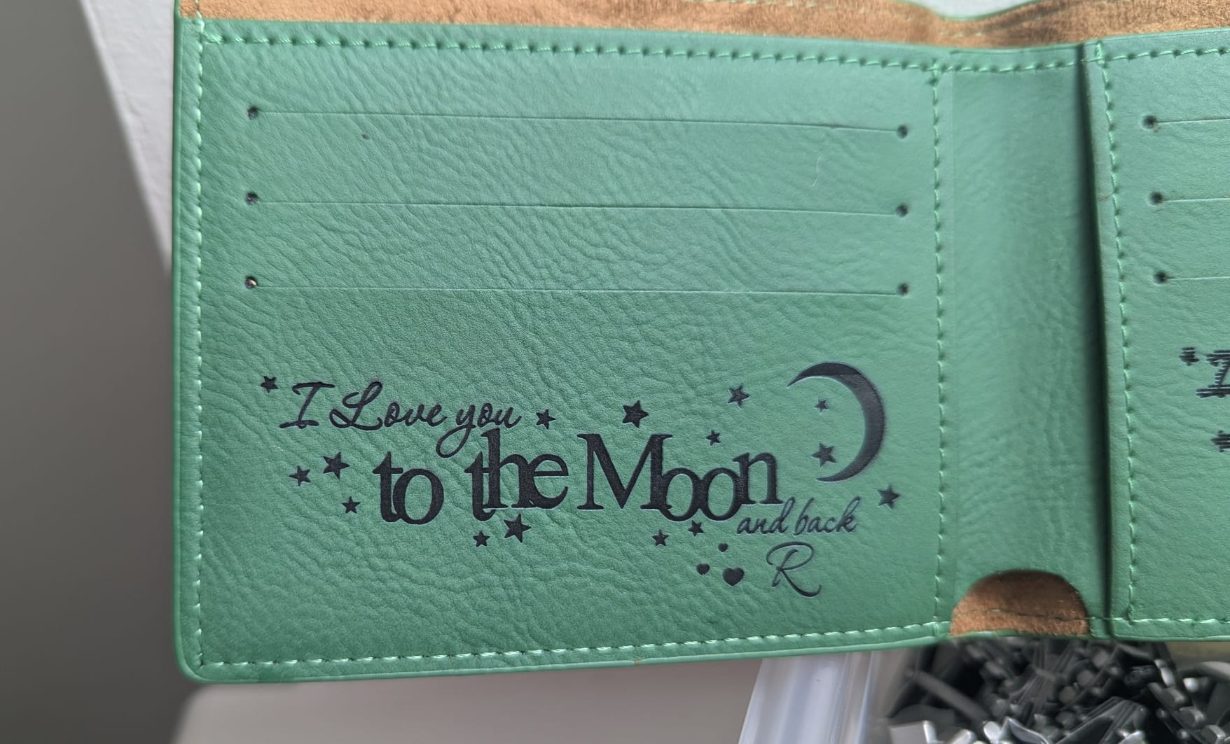 Example of a laser engraved wallet by Colonel Fogg